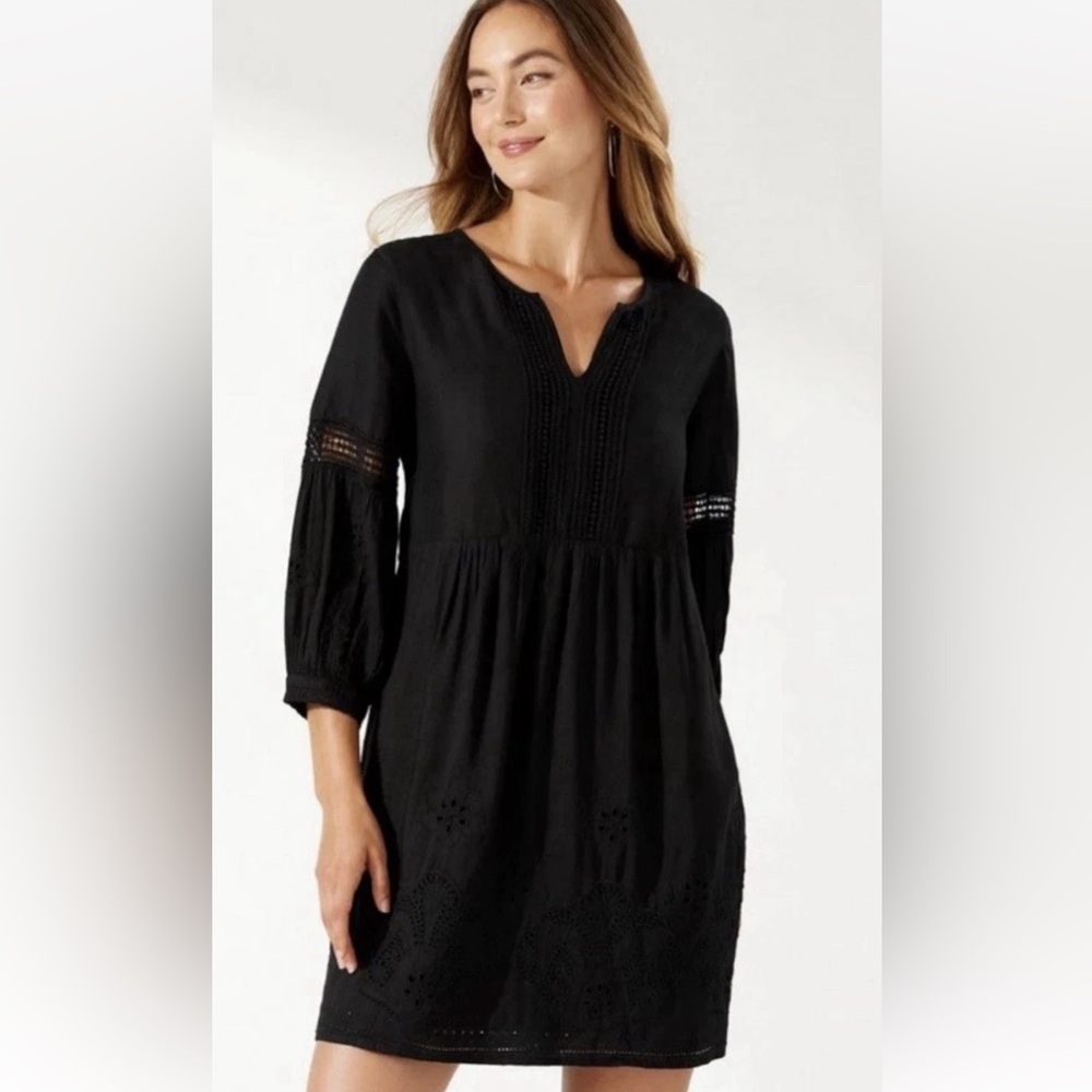 Tommy Bahama St. Lucia Black Long Sleeve Eyelet Short Cotton Dress
